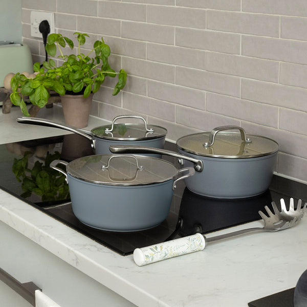 Laura Ashley 3-Piece Non-Stick Saucepans (16cm/20cm) and 28cm Casserole Pot Set with Glass Lids – Durable Forged Aluminum, PFOA-Free, and Easy to Clean Kitchen Set with 10-Year Guarantee