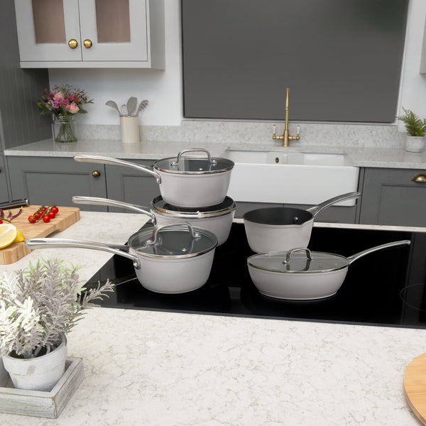 Laura Ashley 5 Pcs Non-Stick Cookware Set – 16/18/20cm Saucepans, 28cm Sauté Pan and 16cm Milk Pan – Forged Aluminum, PFOA-Free, Easy to Clean and Multi Hob Pan Set with 10-Year Guarantee