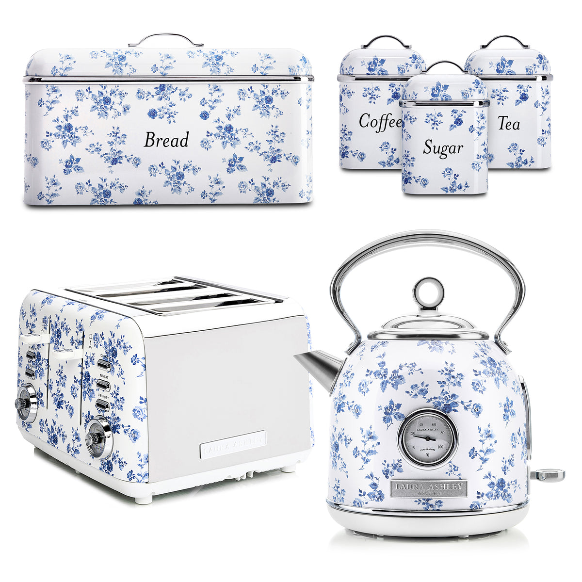 Laura Ashley Dome Kettle, 4-Slice Toaster, Breadbin & Canister Set