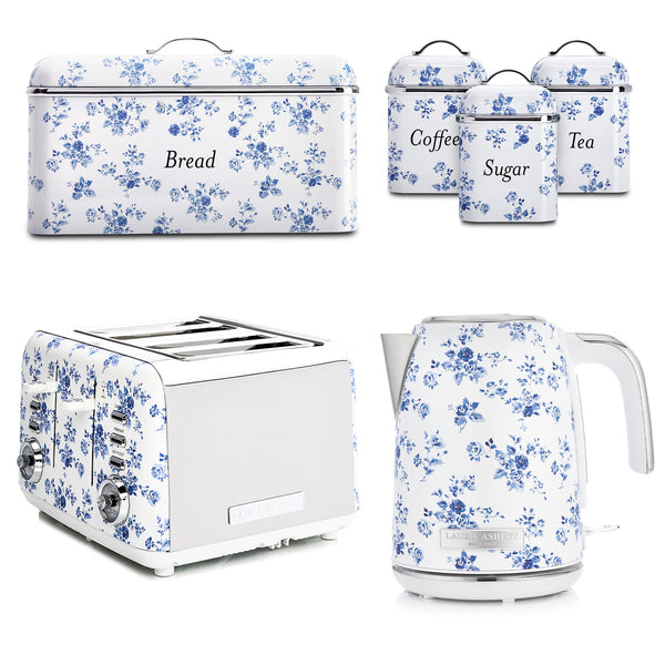 Laura Ashley Jug Kettle, 4-Slice Toaster, Breadbin & Canister Bundle