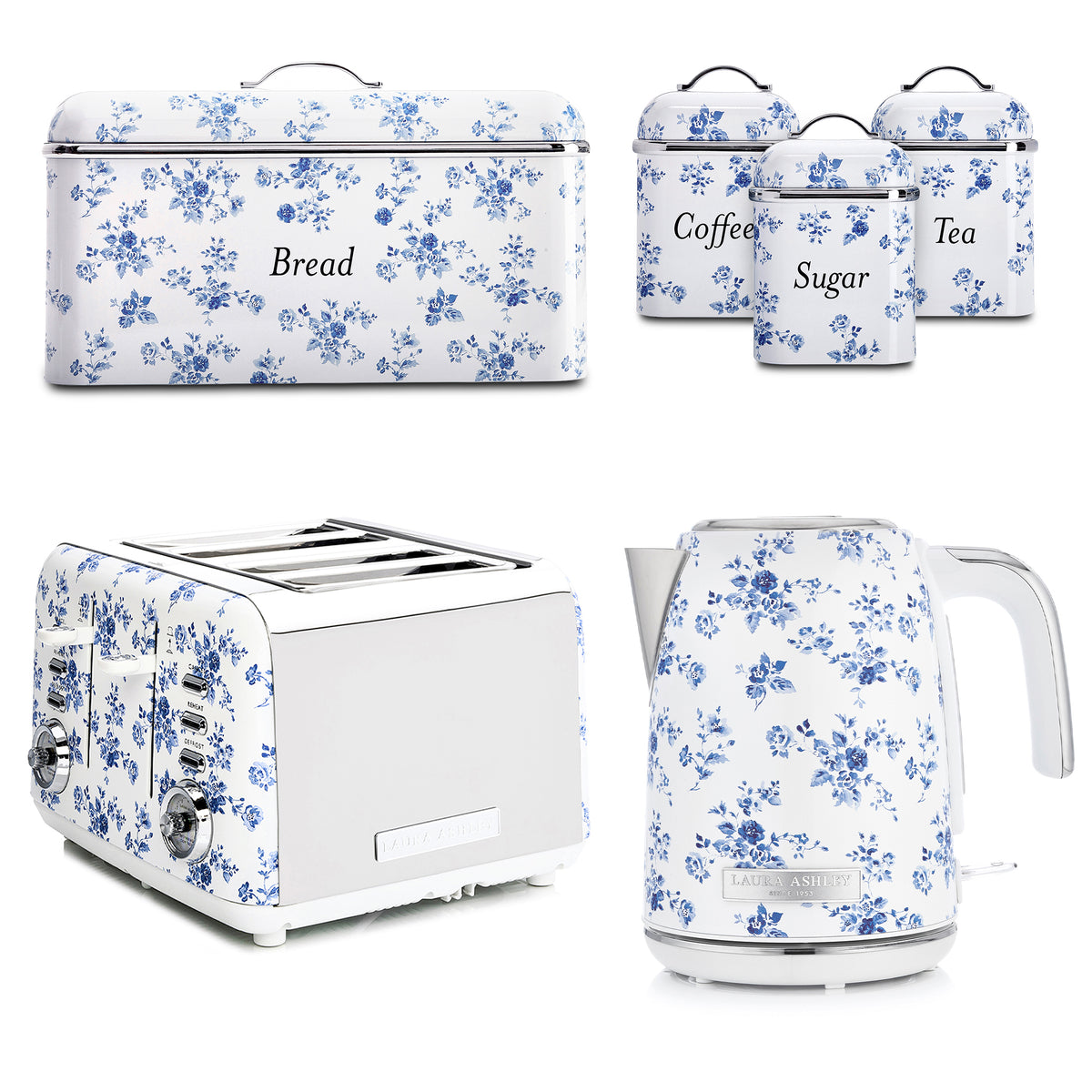 Laura Ashley Jug Kettle, 4-Slice Toaster, Breadbin & Canister Bundle