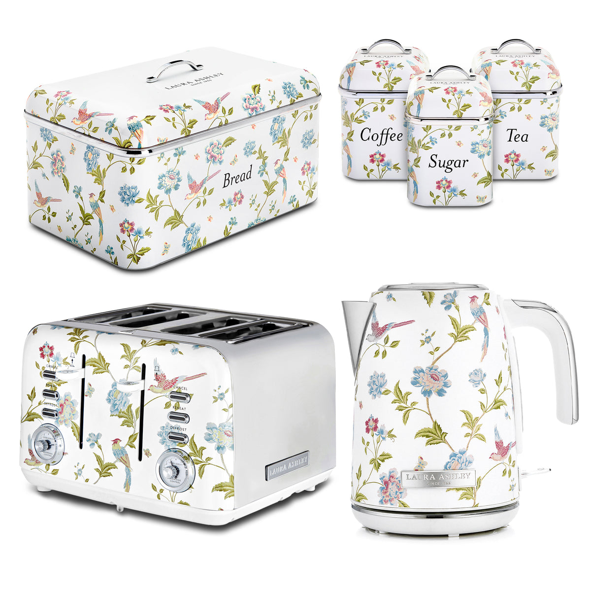 Laura Ashley Jug Kettle, 4-Slice Toaster, Breadbin & Canister Bundle
