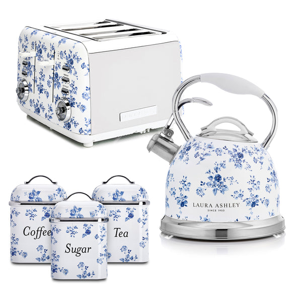 Laura Ashley 2.5L Stove Top Kettle, 4-Slice Toaster & 3 Canister Set Bundle