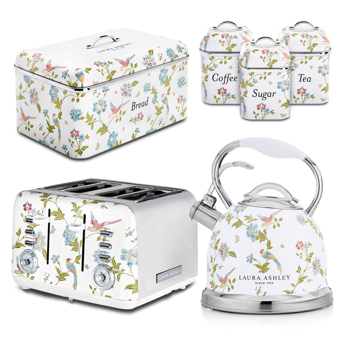 Laura Ashley Stovetop Kettle, 4-Slice Toaster, Breadbin & Canister Set
