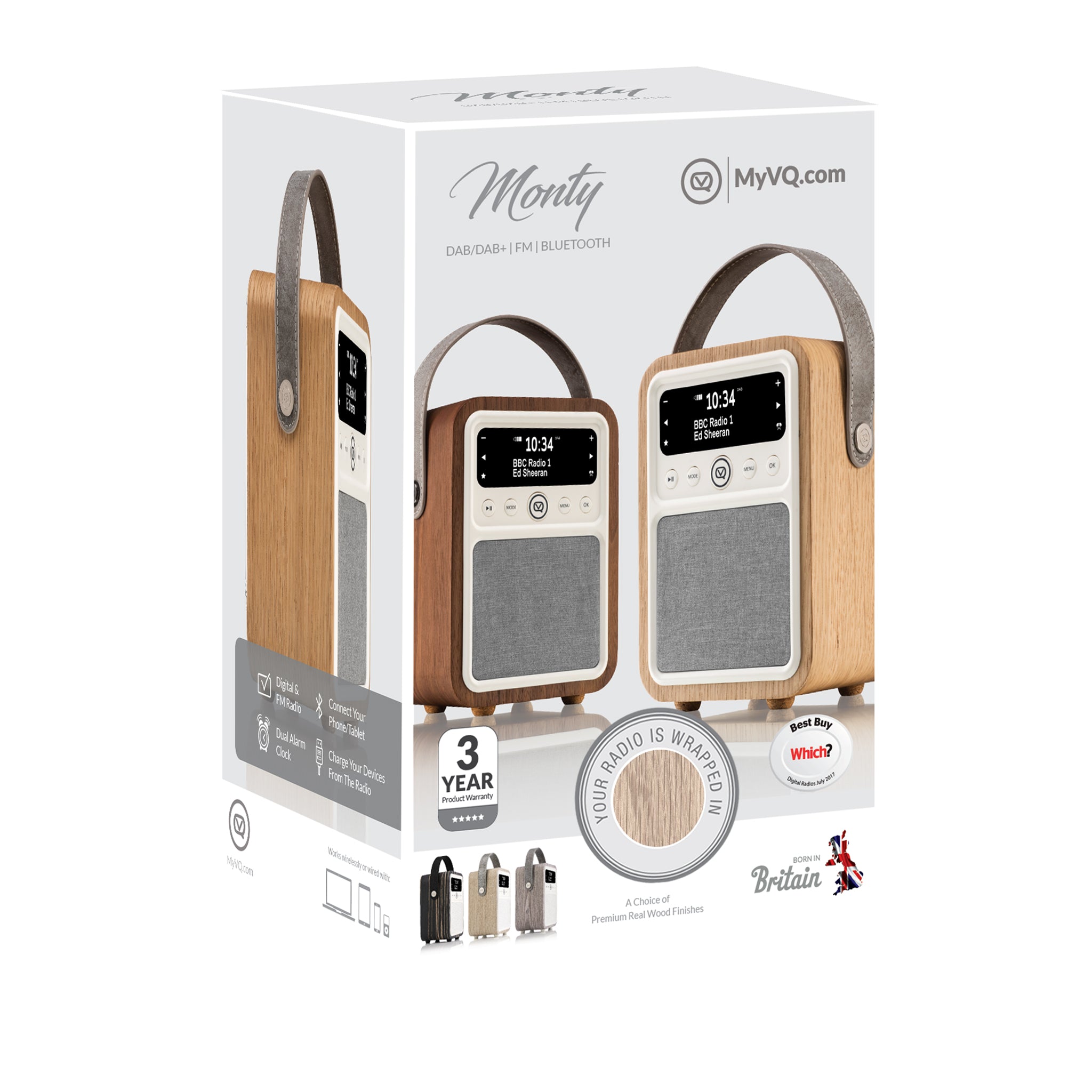 The MYVQ Monty is a beautifully modern styled DAB/DAB+ digital radio and Bluetooth speaker featuring a premium real wood case in a choice of finishes.