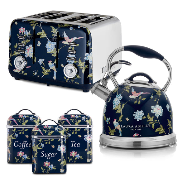 Laura Ashley 2.5L Stove Top Kettle, 4-Slice Toaster & 3 Canister Set Bundle