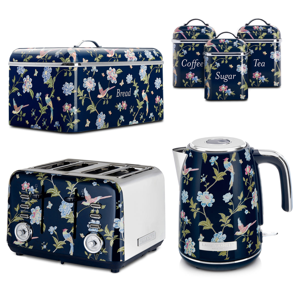 Laura Ashley Jug Kettle, 4-Slice Toaster, Breadbin & Canister Bundle