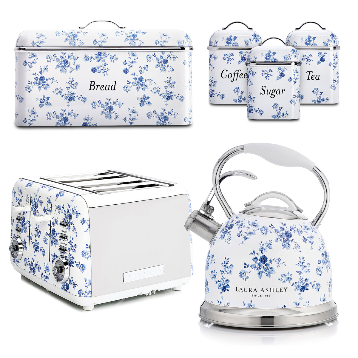 Laura Ashley Stovetop Kettle, 4-Slice Toaster, Breadbin & Canister Set