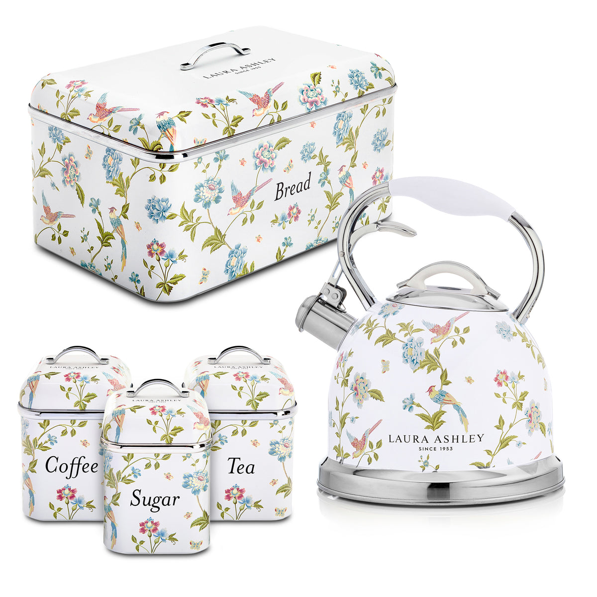 Laura Ashley Stovetop Kettle, Breadbin & Canister Bundle